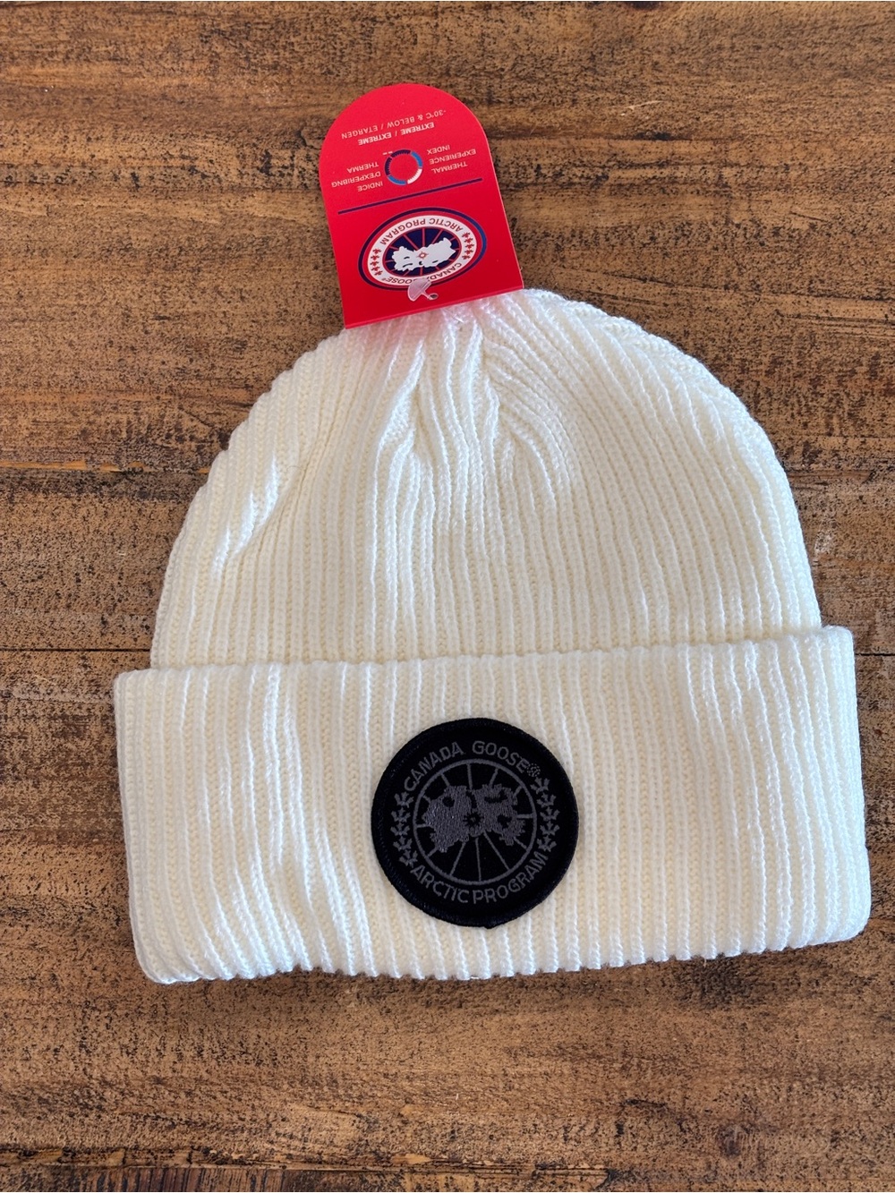 Canada Goose White Ribbed Cuffed Beanie with Black Logo Patch